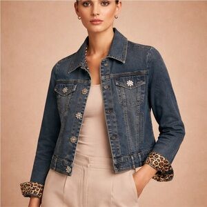 Berek Cropped Denim Jacket Leopard Lining Size S | Rhinestone Floral Buttons